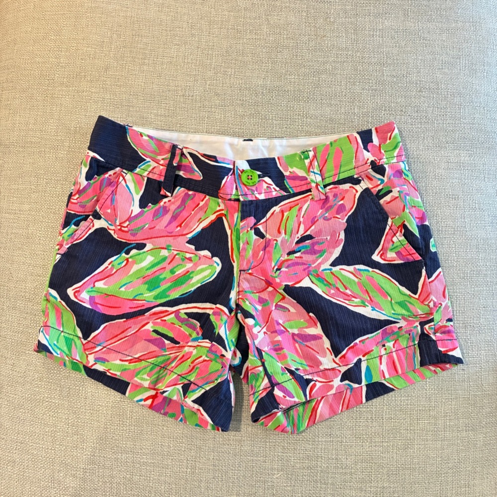 Lilly Pulitzer Callahan‎ Shorts Women 0 Navy Pink Tropical Leaf Preppy Resrt - Picture 6 of 9